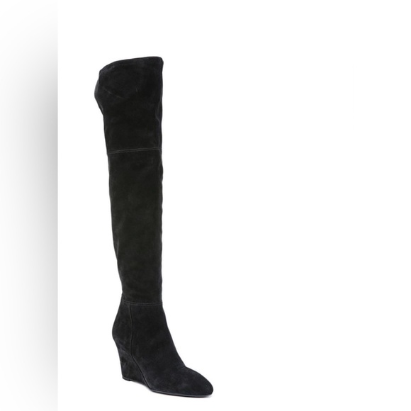 Via Spiga Thigh High Fold Over Pointed Suede Wedge Black Boots | Size 8.5 | Chic - Picture 1 of 15